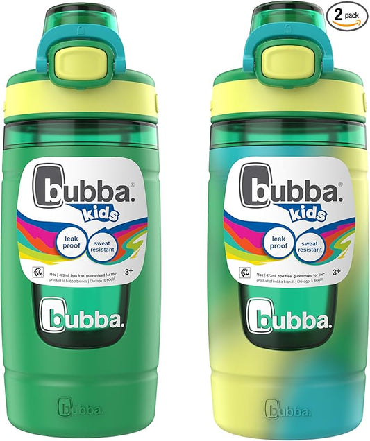 Bubba Kids Flo Silicone Sleeve and Wide Mouth, 16oz, 2-Pack Water Bottle, Medium, Fresh Fern Tie Dye; Fresh Fern