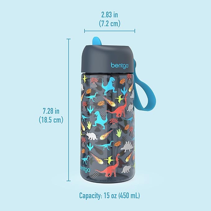 Bentgo Kids Water Bottle - Leak-Proof, Durable Tritan™, BPA-Free 15 oz. Cup for Kids/Toddlers Ages 3+ - Flip-Up Straw & Dishwasher Safe for School, Sports, Daycare & Camp (Dinosaur)