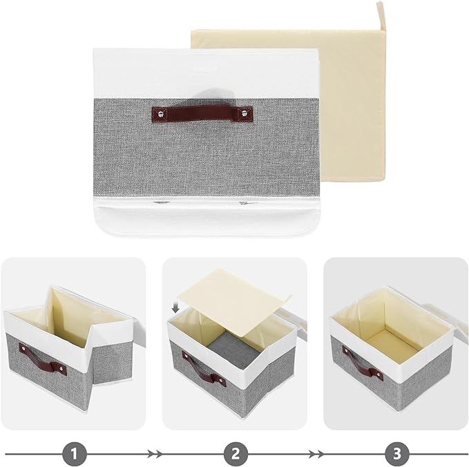 ANMINY Storage Boxes with Lids Washable Decorative Storage Bins Basket with PU Leather Handle Foldable Linen Fabric Storage Cubes Containers for Home Closet Organizer - Gray White, Small Size