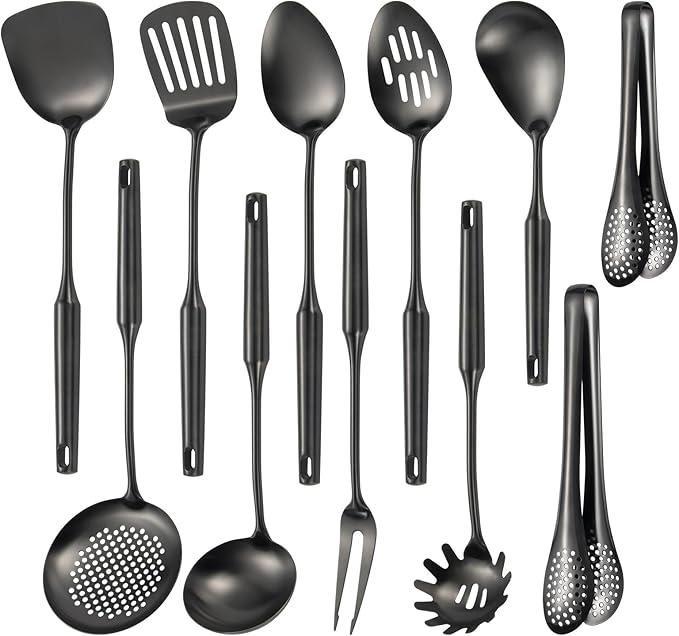 304 Stainlss Steel Matte Kitchen Utensils Set, 11 Pcs Long Metal Cooking Utensil Gadgets Tools Set with Spatula, Ladle, Spoon, Ladle, Skimmer, Tunner, Pasta Server, Tongs(Black, Dishwasher Safe)