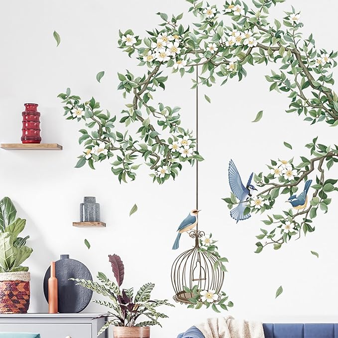 Birdcage Plant Leaves Wall Stickers Branch Vine Birds Wall Decals Peel and Stick Wall Art Decals for Living Room Bedroom TV Wall