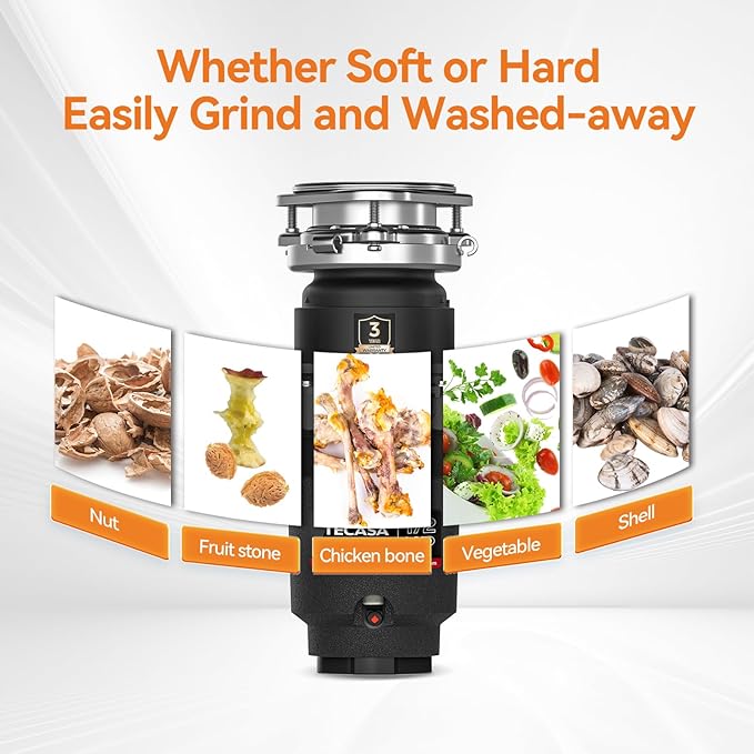 1/2 HP Garbage Disposal, TECASA Food Garbage Disposal with Power Cord, Stainless Steel Grinding System and 3-Bolt Mounting, Continuous Feed Compact Garbage Disposals, UL Certified, Taskmaid Series 50