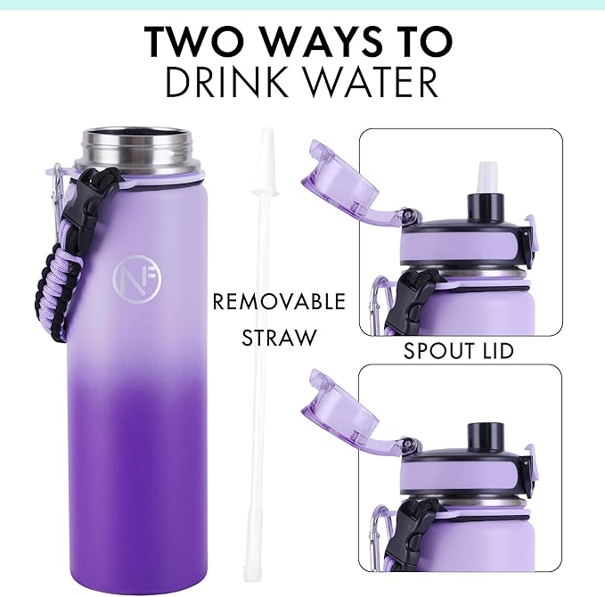 32 oz Insulated Water Bottle With Detachable Straw & Paracord Handle, Stainless Steel Thermos Water Bottle with Leakproof Lockable Lid, BPA-Free Sports Bottle