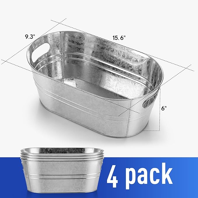 4PCS Galvanized Tub 4 Gallon with Carry Ice Bucket Large Metail Drink Buckets for Parties Beer Drink Storage Coller Ice Tub for Mimosa Bar Supplies