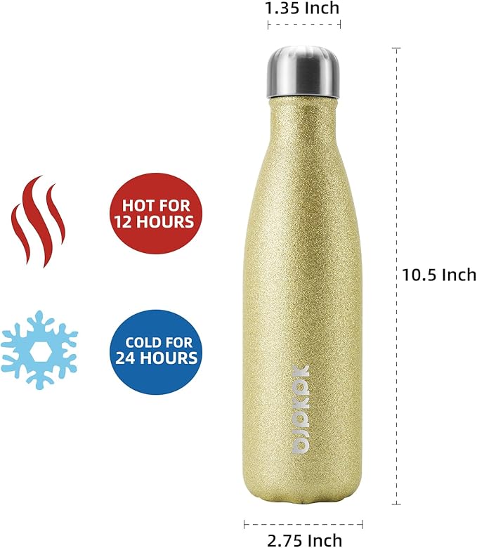 BJPKPK Insulated Water Bottles -17oz/500ml -Stainless Steel Water Bottles,Sports Water Bottles Keep Cold for 24 Hours and Hot for 12 Hours,BPA Free Water Bottle,Glitter Gold