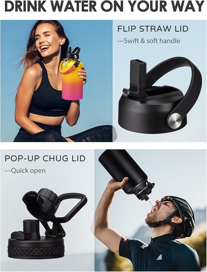 64 oz Water Bottle with Straw - Auto Spout Lids, Paracord Handle, Carrier Bag, Insulated Water Bottle Half Gallon Jug, Keep Cold 48H, Stainless Steel Metal Flask Large Sport Water Bottle Black