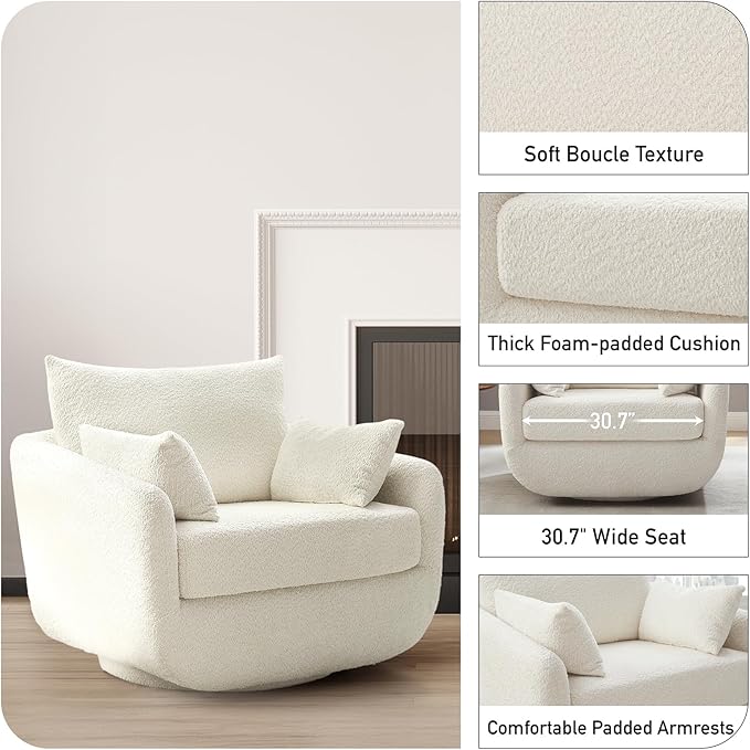 360° Swivel Accent Armchair, 39.3" Oversized, Sherpa Boucle Fabric Sofa Chair with Removable Back & Arm Pillows, Swivel Chair with Cozy Soft Padded, No Assembly Required (1, Cream White)