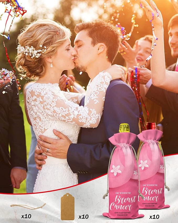 10 Pack Wine Bottle Bags, Breast Cancer Wine Bottle Cover with Drawstring, Gift Bag for Champagne, Wedding, Birthday, Christmas, Thanksgiving, Party Pink Ties Blooming Spring Floral