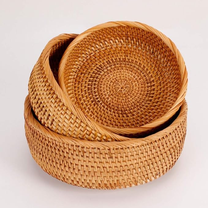 3 Pack Hadewoven Round Rattan Fruit Basket Wicker Food Tray Weaving Storage Holder Dinning Room Bowl, 10 Inch Small Wicker Basket Serving Tray Woven Basket for Bread,Snack,Brown(3-Size Kit)