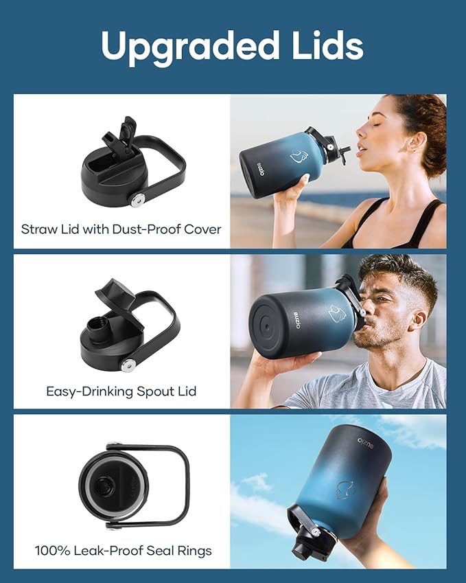 BUZIO 64 oz Insulated Water Bottle, Half Gallon Stainless Steel Water Jug with Straw Lid & Carrying Case, Keep Cold 48h Large Lead-Free Vacuum Metal Thermo Water Flask for sports Camp, Indigo Crush