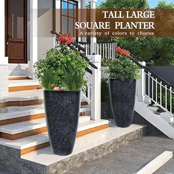2 Pcs Pack 21 Inches Plastic Resin Tall Tapered Planter Pots Large Round Planter Flower Pot with Drainage Holes for Indoor Outdoor Deck Porch Garden Home Patio Front Door (Black, L)