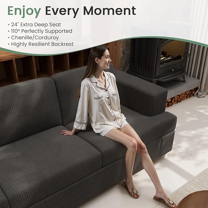 3 Pieces Corduroy Couch Set for Living Room, 8 Seats Cloud Sofa, Deep Seat Floor Couch for Bedroom, Futon Modern Sofa Sectional Bed, Black Corduroy