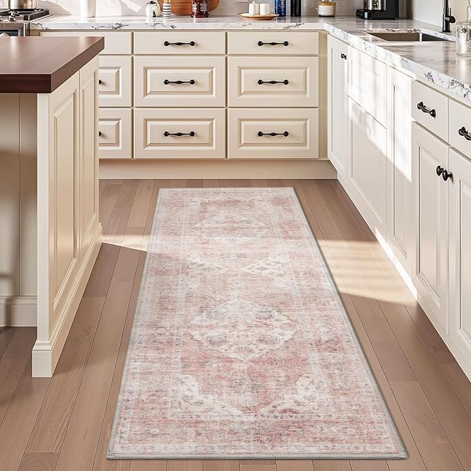 AMOAMI-2X3 Small Rug-Washable Rugs Entryway Mat Indoor-Soft Vintage Non Slip Rugs for Kitchen Laundry Room Bathroom Pink Decorative Accent Rug for in Front of Sink 24 Inch x36 Inch