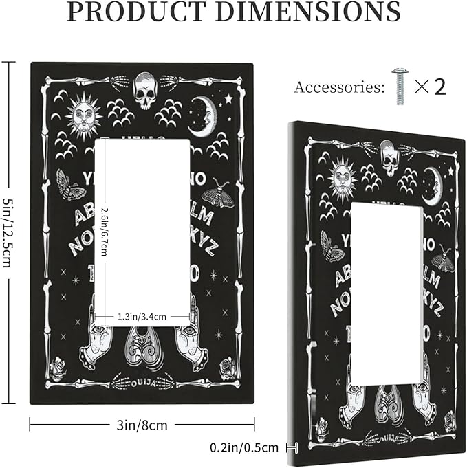 Black Witchy Skeleton Skull Gothic Sun Moon 1 Gang Rocker Novelty Light Switch Covers Decorative Unique Single Decora Outlet Wall Plate Faceplate Switchplate GFCI for Bedroom Decor