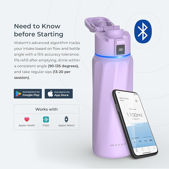 BOOST Smart Water Bottle with Reminder to Drink Water & Water Tracker Bottle - Double Wall Vacuum Insulated Water Bottle Stainless Steel, Wide Mouth 32 oz Water Bottles, Ideal for Gift - Purple