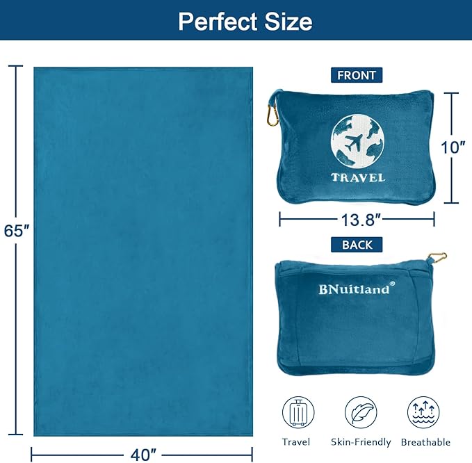 Bnuitland Travel Blanket and Pillow 2 in 1, Soft Flannel Airplane Blanket in Bag Compact-Long Flight Essential for Adults and Kids, Portable Luggage Sleeve and Backpack Clip, 65×40 inch Teal Blue