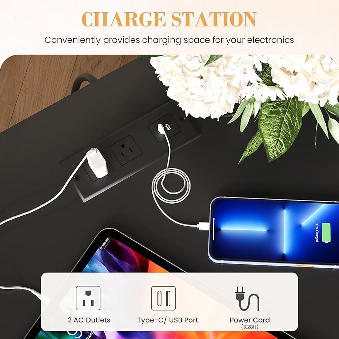 Apicizon End Table, Farmhouse End Tables with Charging Station, Nightstand with Drawers and Storage Cabinet, Wood Coffee Table for Small Spaces, Sofa Side Table for Living Room, Bedroom