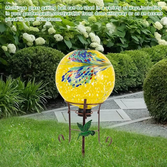 10" Diameter Solar Gazing Ball and 8.5" Metal Stand Indoor Outdoor Glass Globe Sphere Yard Art Ornament Solar Gazing Balls for Garden,Lawn,Porch,Patio Gardening Gift for Women(Yellow)