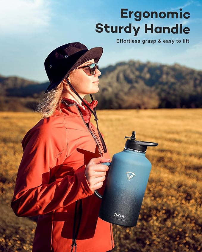 64 oz Insulated Stainless Steel Water Bottle with Handle and Carry Pouch, Half Gallon Mug Tumbler with Straw Lid Spout Lid,Reusable Metal Water Bottle Jug Flask Cup,Keep Cold & Hot,Indigo Black