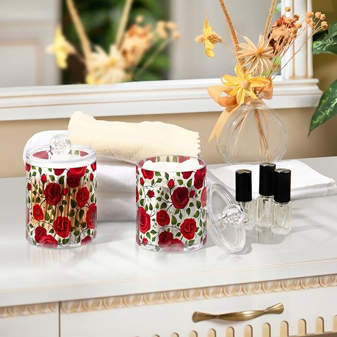 2 Pack Qtip Holder Dispenser Red Rose Flowers Bathroom Storage Canister Lid Acrylic Plastic Apothecary Jar Set Vanity Makeup Organizer for Cotton Swab/Ball/Round Pads, Floss