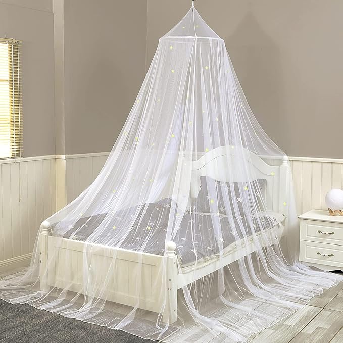 Bed Canopy Stars Romantic Bed Curtain Luminous Mosquito Net for Baby, Girl, for Twin or Single Bed (White)