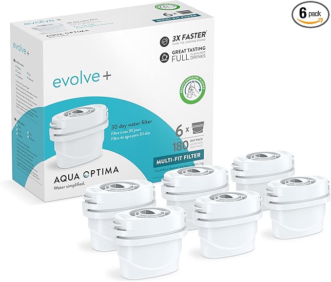 Aqua Optima Evolve+ Replacement Filter for Aqua Optima Pitchers, Perfect Pour, Filtered Dispensers, Aurora, Filter Kettles and SCA Coffee Makers. NSF/ANSI Certified, Reduces Microplastics, Pack of 6