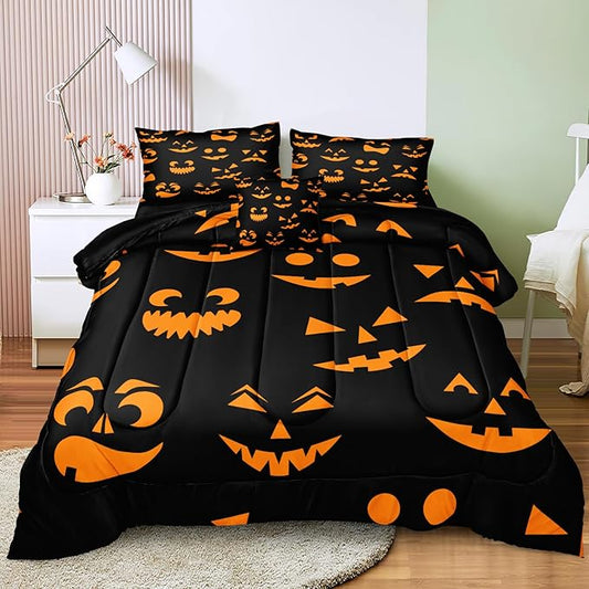 Bedbay Halloween King Comforter Set Black Orange Ghost Bedding Set for Kids Boys 4 Pcs Soft and Breathable Comforter Halloween Room Decor(Orange,King)