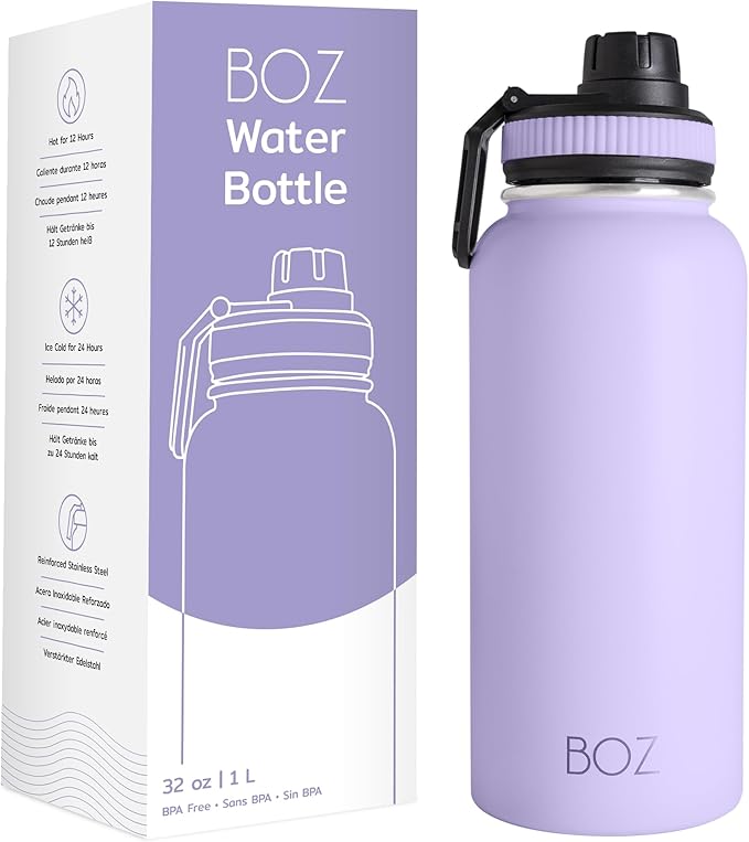 BOZ Stainless Steel Water Bottle - Vaccum Insulated Water Bottle 32 Oz - Wide Mouth BPA Free Sport Water Bottle for Gym with Spout Lid - Thermal Hot & Cold 1 Litre Lavender Water Bottle