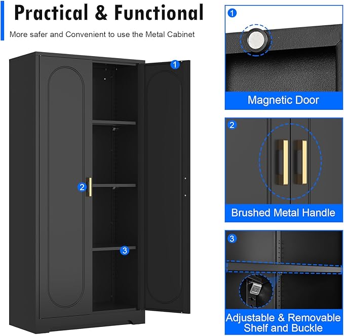 60" Tall Kitchen Pantry Cabinet, Metal Pantry Cabinet with Doors and Adjustable Shelves, Black Utility Storage Cabinet with Handles for Dining Room, Bathroom, Laundry Room - Assemble Required