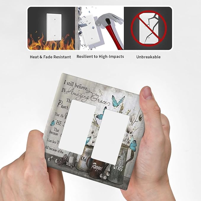 Blue Butterfly Rustic Flower Inspirational Quotes 2 Gang Rocker Decora Light Switch Covers Dual Outlet Covers Wall Plate Decorative Switchplate Electrical Faceplate GFCI for Country Bedroom Decor