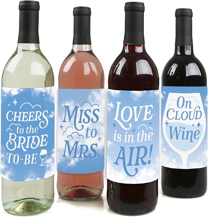 Big Dot of Happiness On Cloud 9 - Bridal or Bachelorette Party Decorations for Women and Men - Wine Bottle Label Stickers - Set of 4