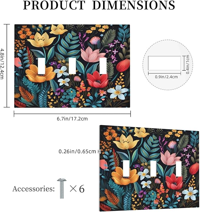 Boho Floral Vintage Flower Leaves Rustic Wildflower Plants 3 Gang Light Switch Covers Triple Toggle Wall Plate Decorative Switchplate Electrical Faceplate for Country Bathroom Bedroom Kitchen Decor