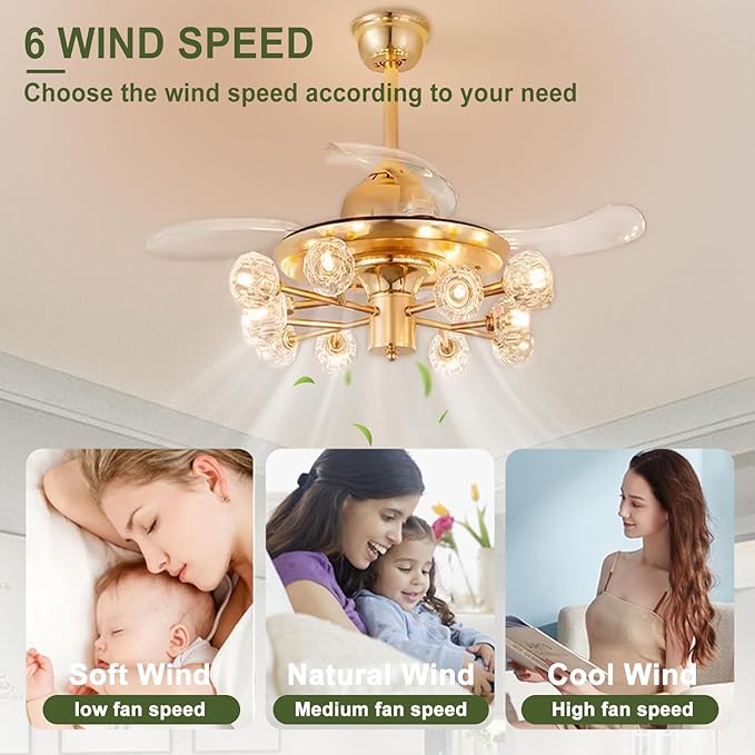 48" Chandelier Ceiling Fans with Lights: 12-Light Sputnik Crystal Ceiling Fan Chandelier - Modern Retractable Fandelier Ceiling Fan for Dining Living Room Bedroom - Gold Fandelier with Lights