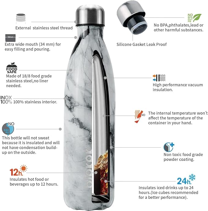 BJPKPK Stainless Steel Water Bottles -25oz/750ml -Insulated Water Bottles,Sports Water Bottles Keep Cold for 24 Hours and Hot for 12 Hours,Metal Travel Water Bottle,Marble Frozen