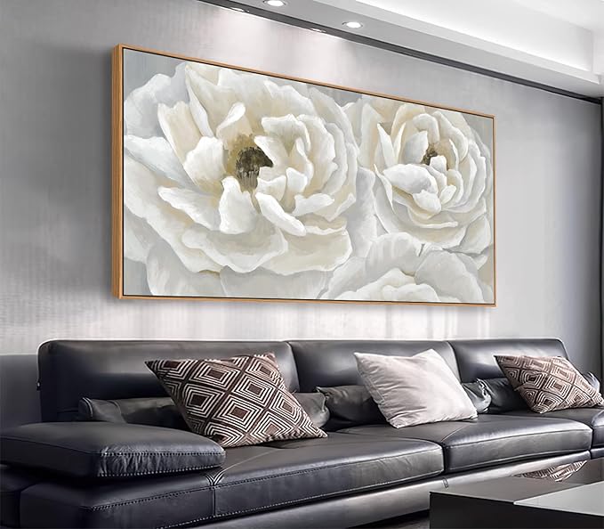 arteWOODS Cream White Flowers Framed Wall Art - Soft Peony Pictures for Wall Decor Elegant Blossom Flower Painting Artwork Botanical Prints for Living Room Home Office Wall Decoration 20" x 40"