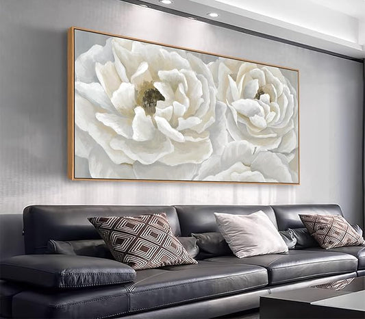 arteWOODS Cream White Flowers Framed Wall Art - Soft Peony Pictures for Wall Decor Elegant Blossom Flower Painting Artwork Botanical Prints for Living Room Home Office Wall Decoration 29" x 58"
