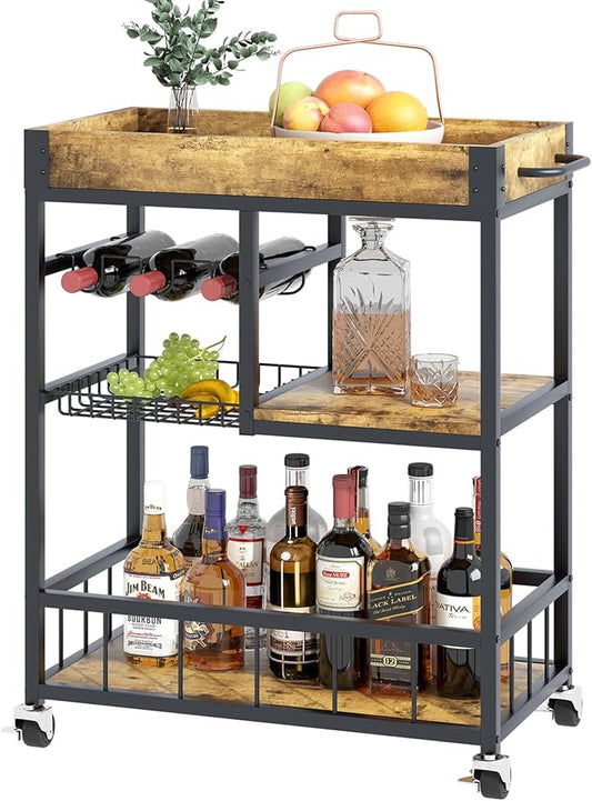 Bar Cart with Basket 3 Tiers Home Rolling Wine Rack with Wheels Mobile Kitchen Industrial Vintage Style Wood Metal Serving Trolley Serving Cart,Glass Holder Bar Cabinet