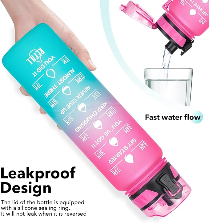 32oz/26oz Motivational Water Bottle with Time Marker & Fruit Strainer, Leak-proof BPA Free Non-Toxic 1l Bottle with Carrying Strap, Perfect for Fitness, Gym and Outdoor Sports, Plastic