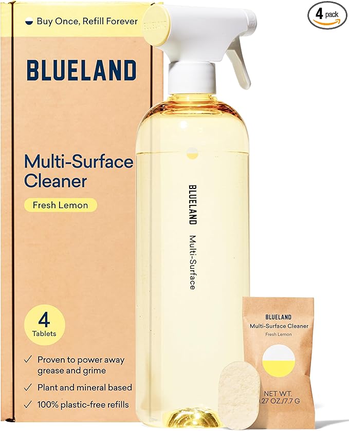 BLUELAND Multi-surface Cleaner, Starter Set, Fresh Lemon Scent, Spray Bottle with 4 Refill Tablets, All-Purpose, Eco-Friendly Cleaning Supplies, 4 x 24 Fl oz