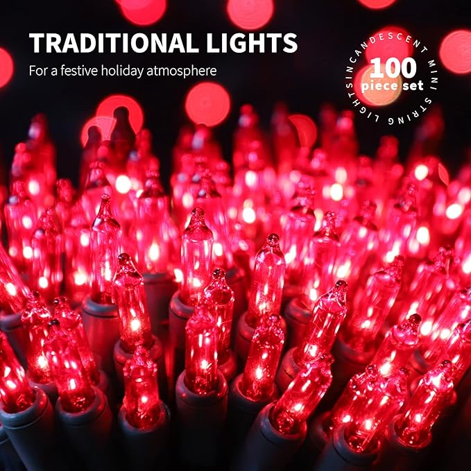 100LIGHTS RED Extra-Bright with End Connectors Christmas Decorative Lights 5.98m UL Certified Mini String Light Set Waterproof for Home Garden Holiday Christmas Tree Party Patio Decor Wedding