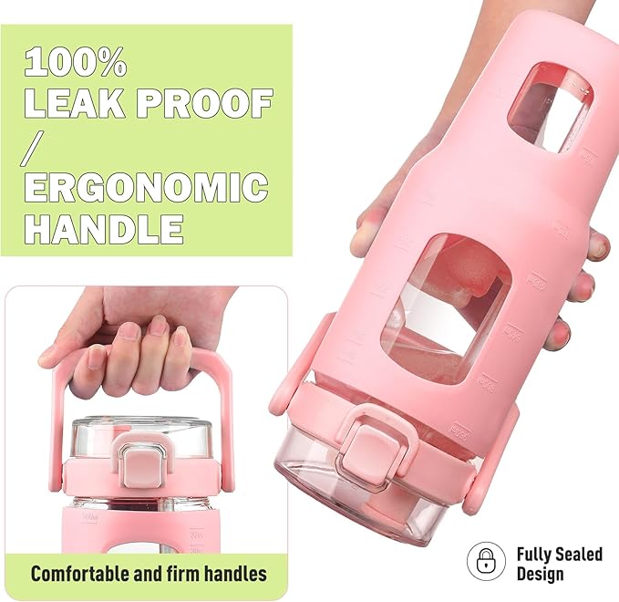 BLUEGO 32oz Glass Water Bottle with Handle and Straw|Leakproof Sports Glass Bottle with Time Marker and Silicone Sleeve|Glass Drinking Bottle for Travel, Gym, Workout, Pink