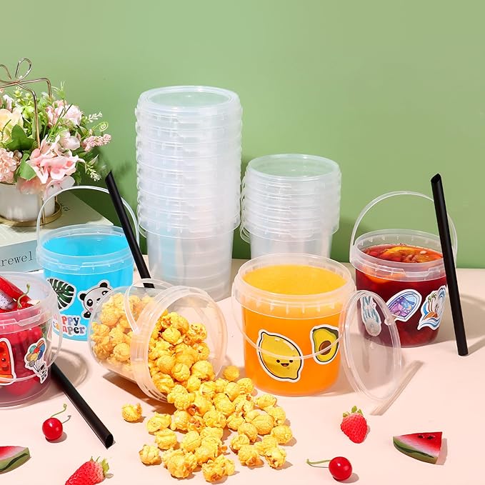 30 Pcs Ice Cream Buckets with Lids and Handles Drink Rum Buckets for Parties Cocktails Reusable Clear Plastic Food Containers with 50 Pcs Summer Stickers