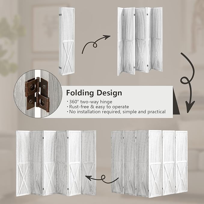 6 Panel Pegboard Room Divider, 5.6Ft Pegboard Display Folding Privacy Screens, Wood Room Divider Peg Board Display Freestanding for Trade Show Craft Show Home Wall Organizer, Retro White