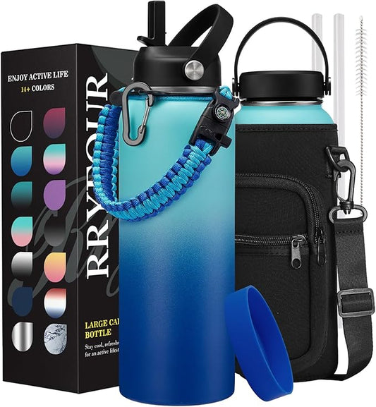 40oz Insualted Water Bottle Leak Proof Stainless Steel Flask Water Bottles with Straw Flex Lid, Survival Paracord, Shoulder Carrier Bag, Metal Hydro Water Flask Mug Sports Hiking Cycling Work