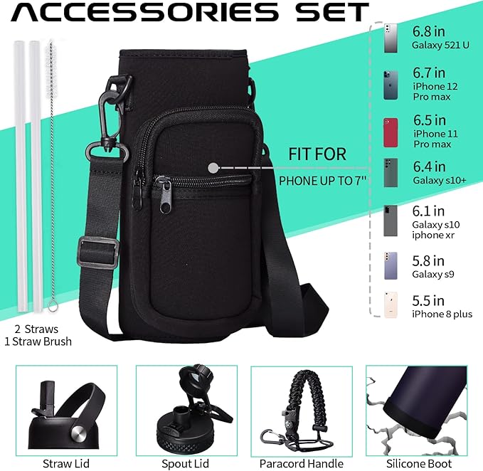 40OZ Insulated Water Bottle With Auto Spout Lids, Straw Lids, Paracord Handle for Sport, Protective Cup Mat, BPA-Free Reusable Insulated Water Bottle - Black Water Jug with Straw