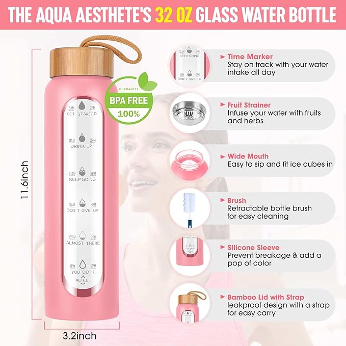 Aqulea Glass Water Bottles 25 Oz with Silicone Sleeve - BPA Free Reusable Wide Mouth Glass Motivational Water Bottles with Fruit Infuser – Leak Proof Borosilicate Water Bottle with Time Marker (Pink)