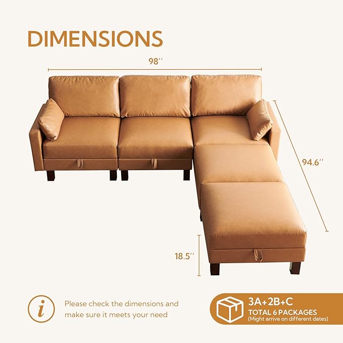 5 Seater Faux Leather Sofa Couch, 98'' L Shape Sectional Couch, Mid Century Modern Decor, Office Sectional Sofa Bed, for House, Apartment, Living Room, Tan