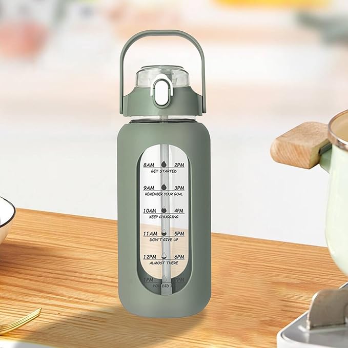 64oz Glass Water Bottle with Straw - Half Gallon Large Motivational Water Bottle with Silicone Sleeve Time Marker, Ideal for Gym, Sports, Workouts, Daily