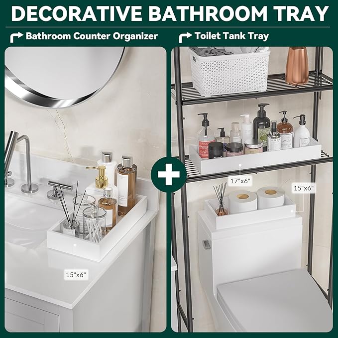 Bamboo Drawer Organizer, Extra Large Silverware Organizer for Kitchen Drawer, Stackable Utensil Organizer, 2 Pcs Toilet Tank Topper Tray, Wooden Toilet Paper Basket (White, 17 X 6 X 2 Inch)