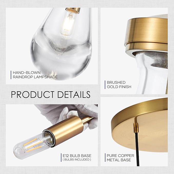 3-Light Raindrop Pendant Light Fixtures, Brass Glass Pendant Lighting, Teardrops Modern Hanging Light for Entryway Foyer Kitchen Island Dining Living Room Hallway